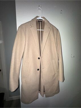 Zara Men's Beige Single-Breasted Wool-Blend Pea Coat